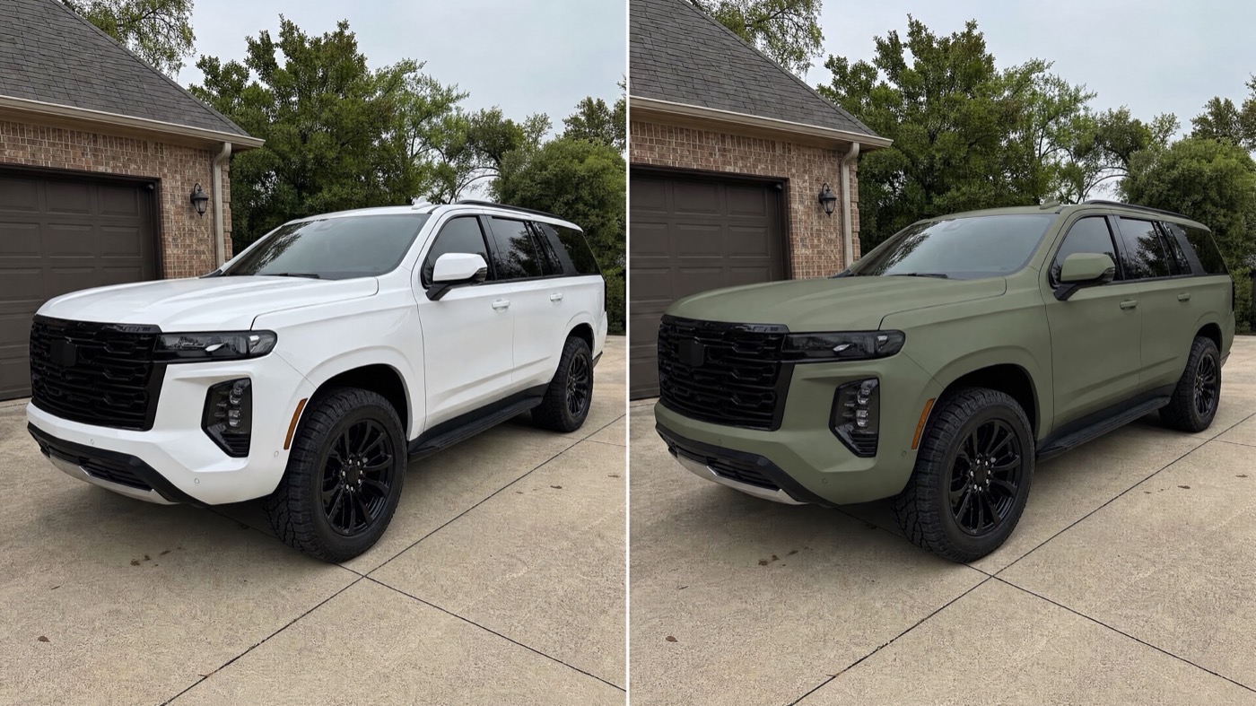 Before and after comparison of a white SUV and the same SUV shown with an AI-generated matte green wrap mockup